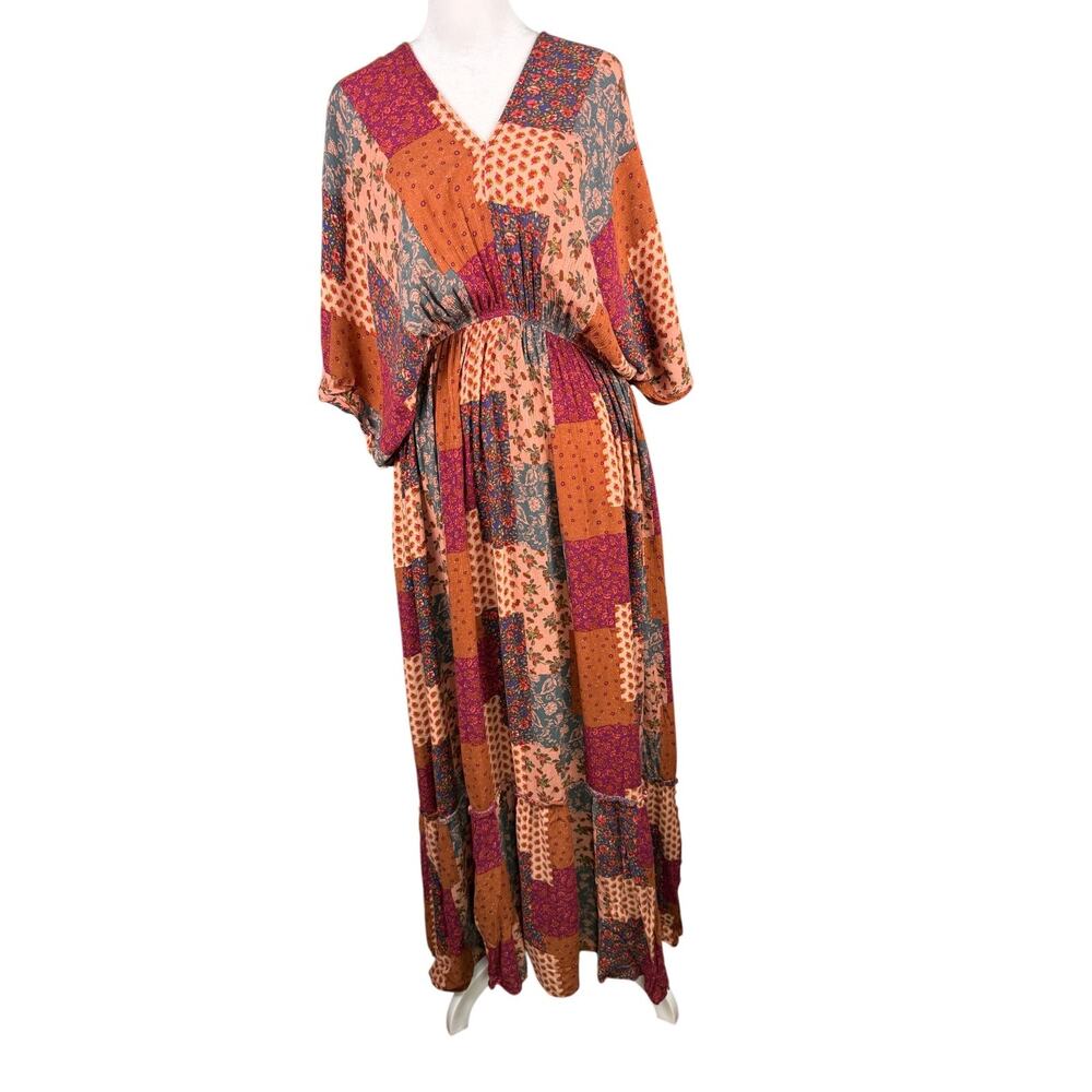 Easel Patchwork Print V-Neck Maxi Dress Ruffle Hem Kimono Sleeve Boho Flowy - Picture 2 of 12